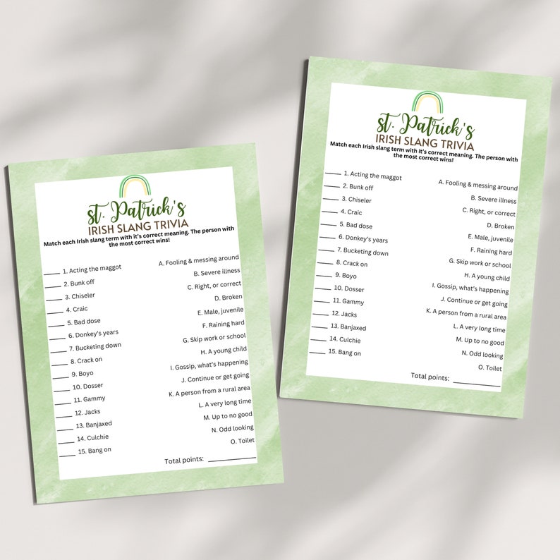 St. Patrick's Day Irish Slang Trivia Green Printable PDF Game For Adults At Office Work Party Gatherings Or Seniors In Bar Pub Crawls