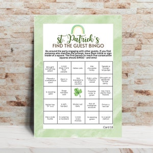 St Patrick's Day Find The Guest BINGO Icebreaker 20 Cards Party Game For Adults at Office Party Gatherings Or Bar Pub Crawl Outings