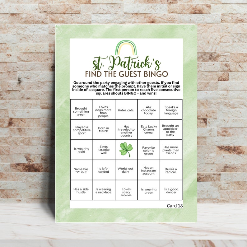 St Patrick's Day Find The Guest BINGO Icebreaker 20 Cards Party Game For Adults at Office Party Gatherings Or Bar Pub Crawl Outings