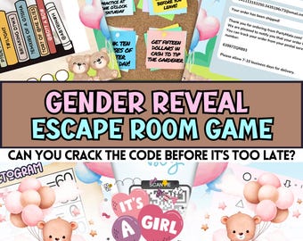 May include: A gender reveal escape room game with a pink and blue color scheme. The game features a teddy bear holding pink balloons, a sign that says "It's a Girl", and a QR code. The game is designed to be played by a group of people and includes a variety of puzzles and challenges.