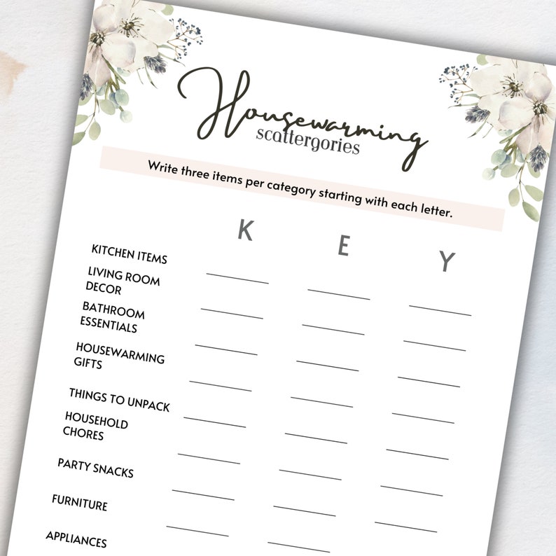 Housewarming Party Scattergories Icebreaker Game Mix and Mingle