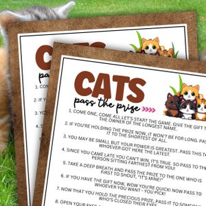 Katten geven de prijs door Links Rechts Eigenaren van huisdieren Kittenliefhebbers Kattenthema Verjaardagsfeestje Spel voor adoptie huisdier Kinderen Tweens Tieners Volwassenen Plezier