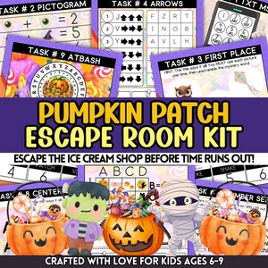 Puede incluir: Un kit de escape room de Halloween imprimible para niños de 6 a 9 años. El kit tiene un tema de huerto de calabazas e incluye actividades como resolver rompecabezas, descifrar códigos y encontrar pistas. El kit está diseñado para ayudar a los niños a escapar de la tienda de helados antes de que se acabe el tiempo.