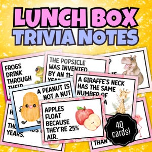 May include: A collection of trivia cards for lunch boxes. The cards feature fun facts about animals, food, and science. The cards have illustrations of a frog, peanut, apple, giraffe, and hippo. The set includes 40 cards.
