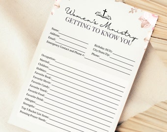 Op de afbeelding: Een printbaar werkblad met een bloemenontwerp en de tekst "Vrouwenministerie Maak kennis met je". Het werkblad bevat secties voor persoonlijke informatie, hobby's, favorieten en gebedspunten.