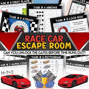 May include: A race car escape room game with nine different tasks. The tasks include a word scramble, a picture puzzle, a number sequence, an alphabet count, and a lock box puzzle. The game is designed for kids and adults and is a fun way to test your problem-solving skills.