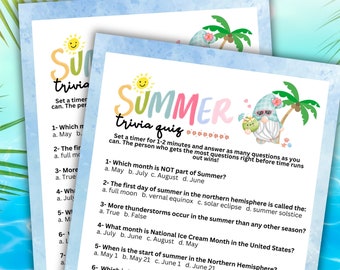 Summer Trivia Printable Multiple Choice Beach Vacation RV Camping Ice Cream Party Barbecue Cookout Backyard Outdoor Picnic At The Park Fun