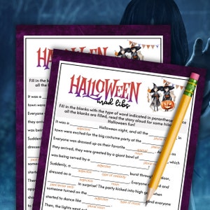 May include: A printable Halloween Mad Libs game with a purple background and illustrations of witches. The text reads "Halloween Mad Libs" and includes instructions to fill in the blanks with the type of word indicated in parentheses.
