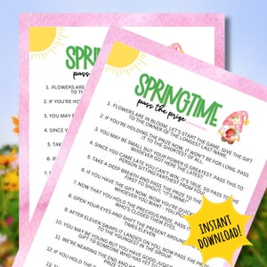 May include: A pink and green printable game card with a gnome illustration and the text "SPRINGTIME pass the prize". The card has a list of instructions for a game, such as "Flowers are in bloom, let's start the game. Give the gift to the owner of the longest last name." and "If you're holding the prize now, it won't be for long. Pass it to the shortest of all."