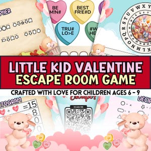May include: A Valentine's Day escape room game designed for children aged 6-9. The game includes a range of puzzles and activities, such as a cipher, a code breaker, and a word search. The game is decorated with hearts, teddy bears, and other Valentine's Day motifs.