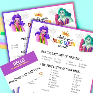 What's Your Drag Queen Name Game Generator With Name Tags For LGBT Pride Party Or Parade With Queer Gay Lesbian Trans Bi Asexual Adults
