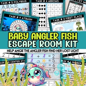 May include: A colourful escape room kit for children featuring a cartoon baby angler fish. The kit includes nine different tasks, such as a polybius cipher, an arrow code, and a number code. The tasks are designed to help the player find the angler fish's lost light.