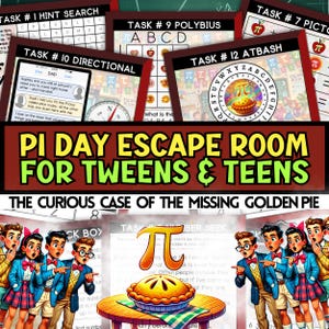 Pode incluir: Um jogo de escape room do Dia do Pi colorido para adolescentes. O jogo é temático em torno de uma torta de ouro desaparecida e apresenta uma variedade de quebra-cabeças e desafios. O título do jogo é "The Curious Case of the Missing Golden Pie".