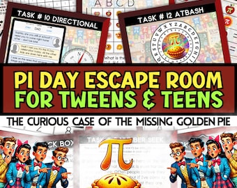 May include: A colorful Pi Day escape room game for tweens and teens. The game is themed around a missing golden pie and features a variety of puzzles and challenges. The title of the game is "The Curious Case of the Missing Golden Pie".
