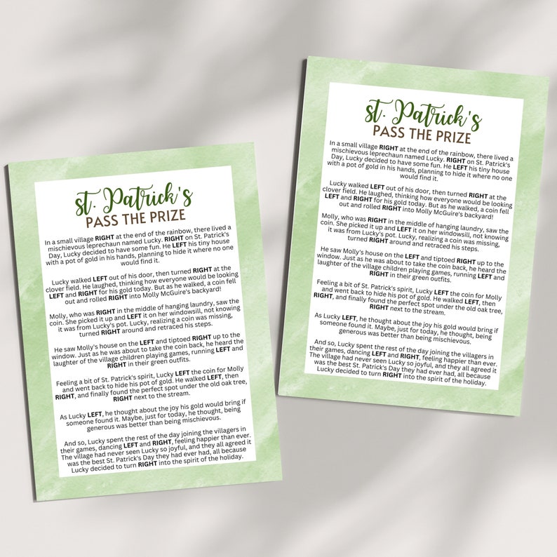 St. Patrick's Day Left Right Story Pass the Prize Printable PDF Game for Adults at Office Work ...