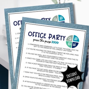 以下が含まれることがあります： 青い白の印刷可能なゲームカードで、「オフィスパーティー賞をパスする」というテキストとゲームの指示が書かれています。カードには、拡大鏡、電球、ターゲット、棒グラフの4つのアイコンが描かれた円があります。