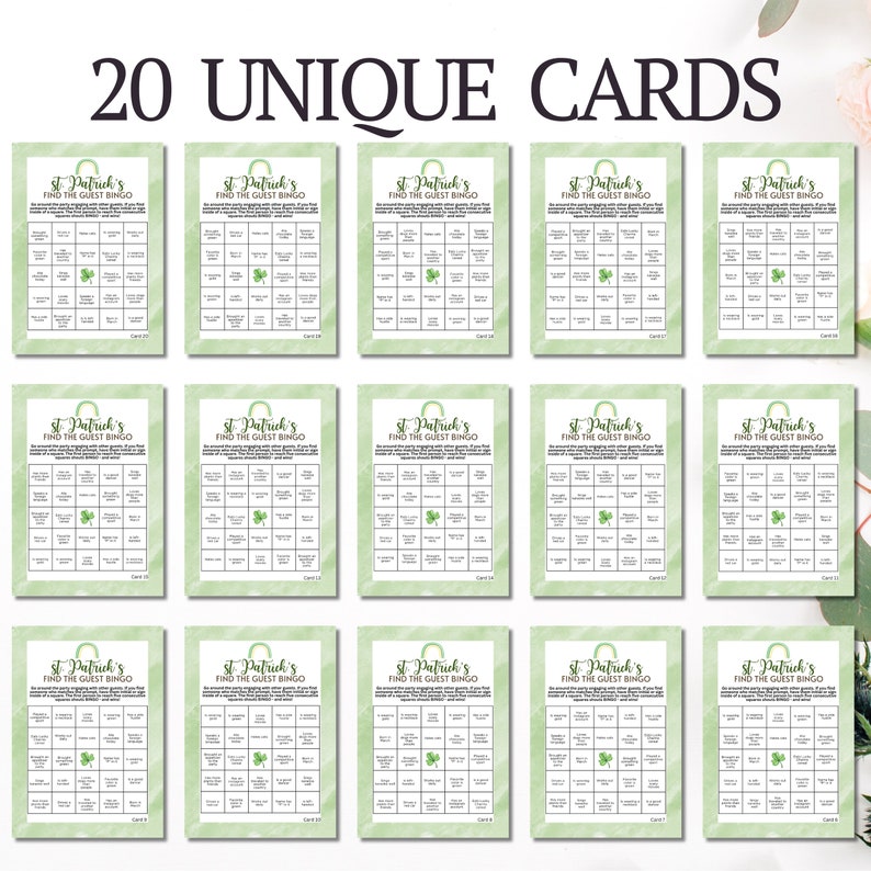 St Patrick's Day Find The Guest BINGO Icebreaker 20 Cards Party Game For Adults at Office Party Gatherings Or Bar Pub Crawl Outings