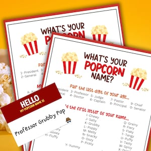 What's Your Popcorn Name Game For Kids Adults Tweens Teens Seniors Pajama PJ Party Whats Poppin Birthday Bday Family Movie Night Slumber