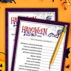 以下が含まれることがあります： 「ハロウィン　guess who?」というテキストと、ゲストに尋ねる質問のリスト（「コスチュームデザイナーになる？」や「ホラー映画に出演する？」など）が書かれた、印刷可能なハロウィーンゲームです。