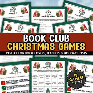May include: A collection of Christmas-themed Book Club games. The games include bingo, trivia, and other activities. The design features festive colors, book illustrations, and the text "Book Club Christmas Games."