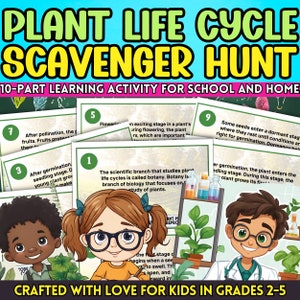 May include: A colorful educational game for kids in grades 2-5. The game is called "Plant Life Cycle Scavenger Hunt" and has 10 parts. The game features illustrations of plants and children.