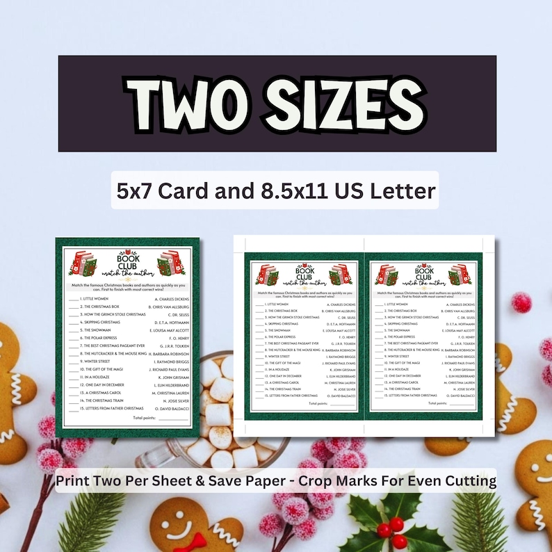 May include: A Christmas-themed game with the text "TWO SIZES" at the top. The game is available in 5x7 card and 8.5x11 US Letter sizes. The game features a "Book Club" logo and a list of Christmas books and authors.