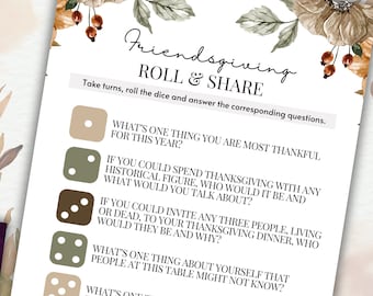 May include: A printable Friendsgiving game with a fall-themed background. The game involves rolling a dice and answering a question based on the number rolled. The questions are about gratitude, friendships, and Thanksgiving traditions.