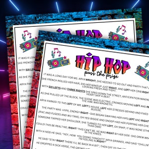 Peut inclure: Une illustration colorée d'une cassette audio et de notes de musique avec le texte "Hip Hop Pass the Prize" dans une police d'écriture audacieuse et colorée. Le texte "It was a long day for Ms. Arya Wright, she needed to go out and party that she French rolled her hair, did her makeup just right, and left her crib right looking fresh and tight." est également inclus dans l'image.