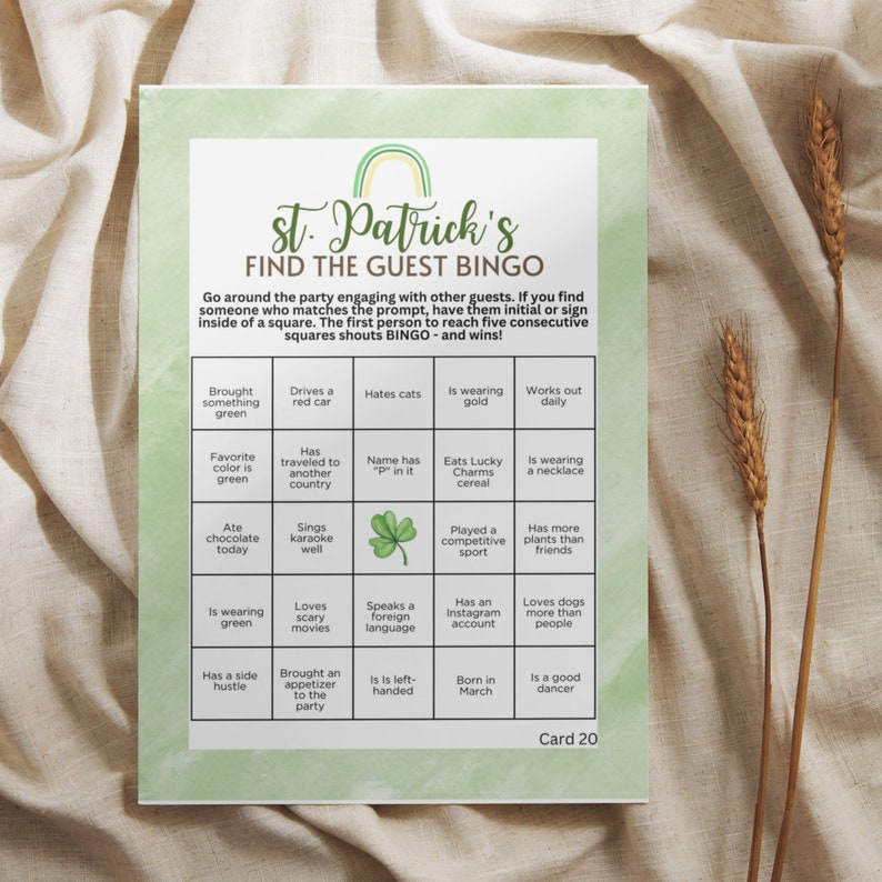 St Patrick's Day Find The Guest BINGO Icebreaker 20 Cards Party Game For Adults at Office Party Gatherings Or Bar Pub Crawl Outings