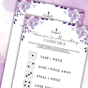 Women's Ministry Candy Dice Icebreaker paarse bloemen dames mixen en mengen op meidenavond of een gebedsontbijt met hun kerkzusters