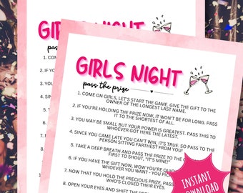 May include: Pink Girls Night party game printable with instructions. The game features the text "Girls Night" in pink, with illustrations of champagne glasses. The words "Instant Download" are also visible.