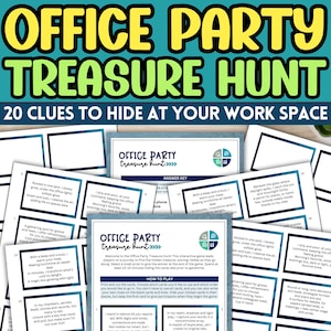 以下が含まれることがあります： オフィスパーティーの宝探しゲームのカラフルな印刷可能なゲーム。ゲームには、オフィスに隠すことができる20個のヒントが含まれています。ヒントは、楽しいオフィスのテーマでカードに印刷されています。ゲームのタイトルは「オフィスパーティー宝探しゲーム」です。
