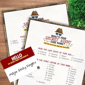 Feestactiviteiten voor geheimagenten voor Cold Case Spy Detective Thema Verjaardagsevenement Mijn codenaamgenerator met afdrukbare naamplaatjekaart en bord