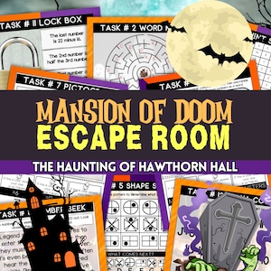 Pode incluir: Um jogo de escape room temático de Halloween intitulado "Mansion of Doom: The Haunting of Hawthorn Hall". O jogo apresenta uma variedade de quebra-cabeças e desafios, incluindo uma caixa de segurança, um labirinto de palavras, um quebra-cabeça de sequência de formas e uma cifra de imagem.
