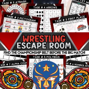 May include: A wrestling-themed escape room game with a red, white, and black colour scheme. The game includes several tasks, such as a word puzzle, a picture puzzle, and a code-breaking puzzle. The game is designed to be played by a group of people and is sure to provide hours of entertainment.