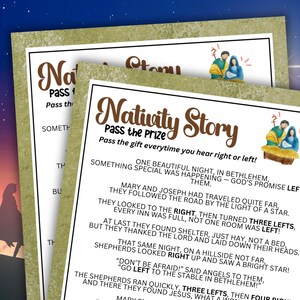 May include: Three printed cards with a green border, featuring the text "Nativity Story". The top card says "Pass the Prize" and tells a story about the birth of Jesus. Illustrations of Mary, Joseph, and baby Jesus are included.