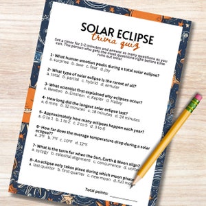 May include: A printable solar eclipse trivia quiz with eight multiple choice questions. The quiz is set against a dark blue background with stars and a crescent moon.