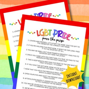 Puede incluir: Una tarjeta de juego imprimible con colores arcoíris y el texto "LGBT Pride Pass the Prize". La tarjeta incluye instrucciones para un juego en el que los jugadores se pasan un regalo por el grupo.