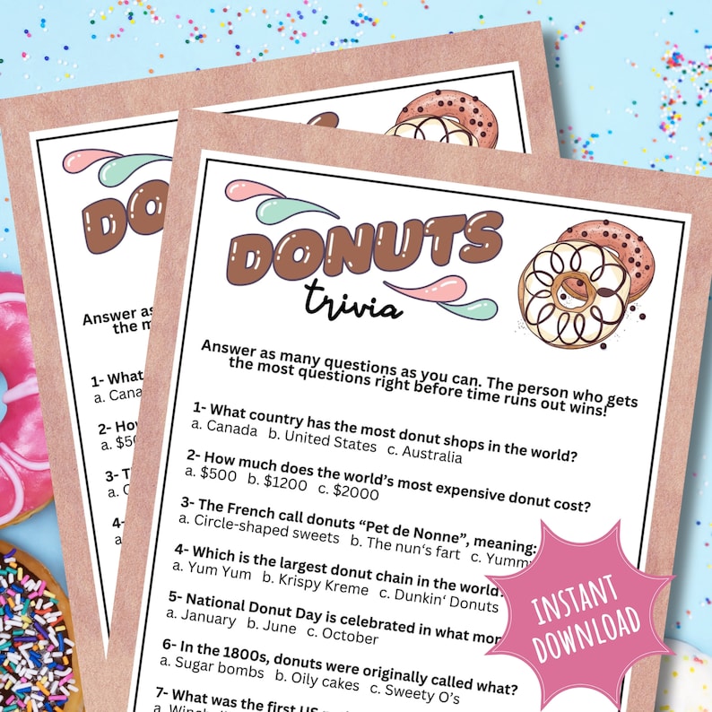 Donut Party Trivia Quiz Questionnaire For Sweet National Doughnut Day Games And Activities And Birthday Baby Bridal Engagement Shower