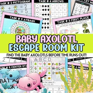 Peut inclure: Un kit d'escape room imprimable pour enfants sur le thème du bébé axolotl. Le kit comprend neuf tâches différentes, chacune avec un puzzle unique à résoudre. Les tâches comprennent un puzzle de pictogrammes, un puzzle de flèches, un puzzle de première place, un chiffre atbash, un puzzle d'étoile centrale, un puzzle de nombres et un puzzle de grille. Le kit est conçu pour être amusant et éducatif, et il est parfait pour les enfants qui aiment résoudre des puzzles.
