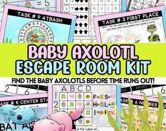 May include: A printable escape room kit for kids featuring a baby axolotl theme. The kit includes nine different tasks, each with a unique puzzle to solve. The tasks include a pictogram puzzle, an arrow puzzle, a first place puzzle, an atbash cipher, a center star puzzle, a number puzzle, and a grid puzzle. The kit is designed to be fun and educational, and it is perfect for kids who love to solve puzzles.