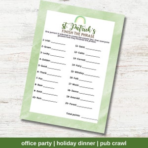 St. Patrick's Day Finish The Phrase Printable Game For Adults To Play At Your Office Work Or Dinner Party And With Senior Citizens To Enjoy