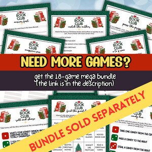 May include: A collection of Book Club game cards with a festive Christmas theme. Each card features a unique game title, such as "Answer Fast" and "Match the Author," along with instructions. The cards are decorated with green borders and book illustrations.