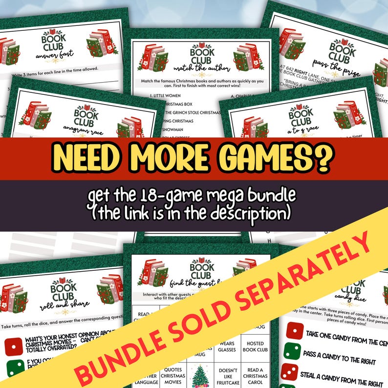 May include: A collection of Book Club game cards with a festive Christmas theme. Each card features a unique game title, such as "Answer Fast" and "Match the Author," along with instructions. The cards are decorated with green borders and book illustrations.