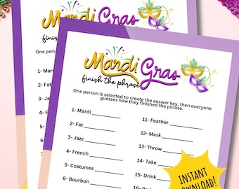 Mardi Gras Party Finish The Phrase Game Word Trivia Quiz For Fat Tuesday Lousiana Creole Dance Celebration With Beads Crawfish And Gumbo