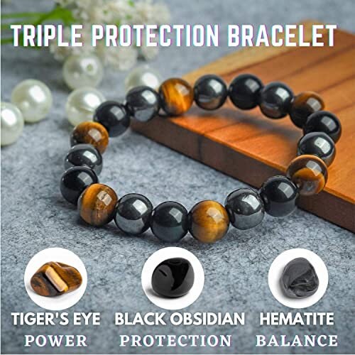Triple Protection Bracelet for Women, Tiger Eye Bead Bracelets