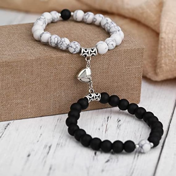 2pcs Black and White Matching Couple Cross Decor Beaded Bracelet Stackable  | eBay