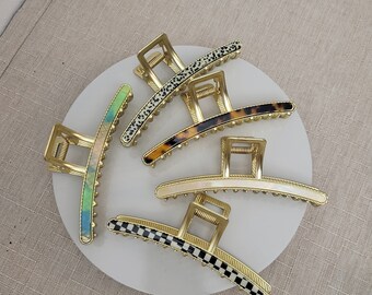 Metal hair clip, gold bow, checkerboard, vintage minimalist look