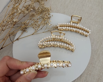 Large hair clip, pearl hair claw with stone, metal hair clamp, moon bow hair clip, wedding hair accessory for women, sturdy, made in Germany