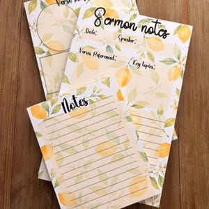 May include: Three white paper sheets with a lemon and green leaf pattern. The top sheet is titled Notes with horizontal lines. The middle sheet is titled Sermon notes with fields for Date, Speaker, Verses Referenced, and Key topics. The back sheet is titled Verse Mapping.
